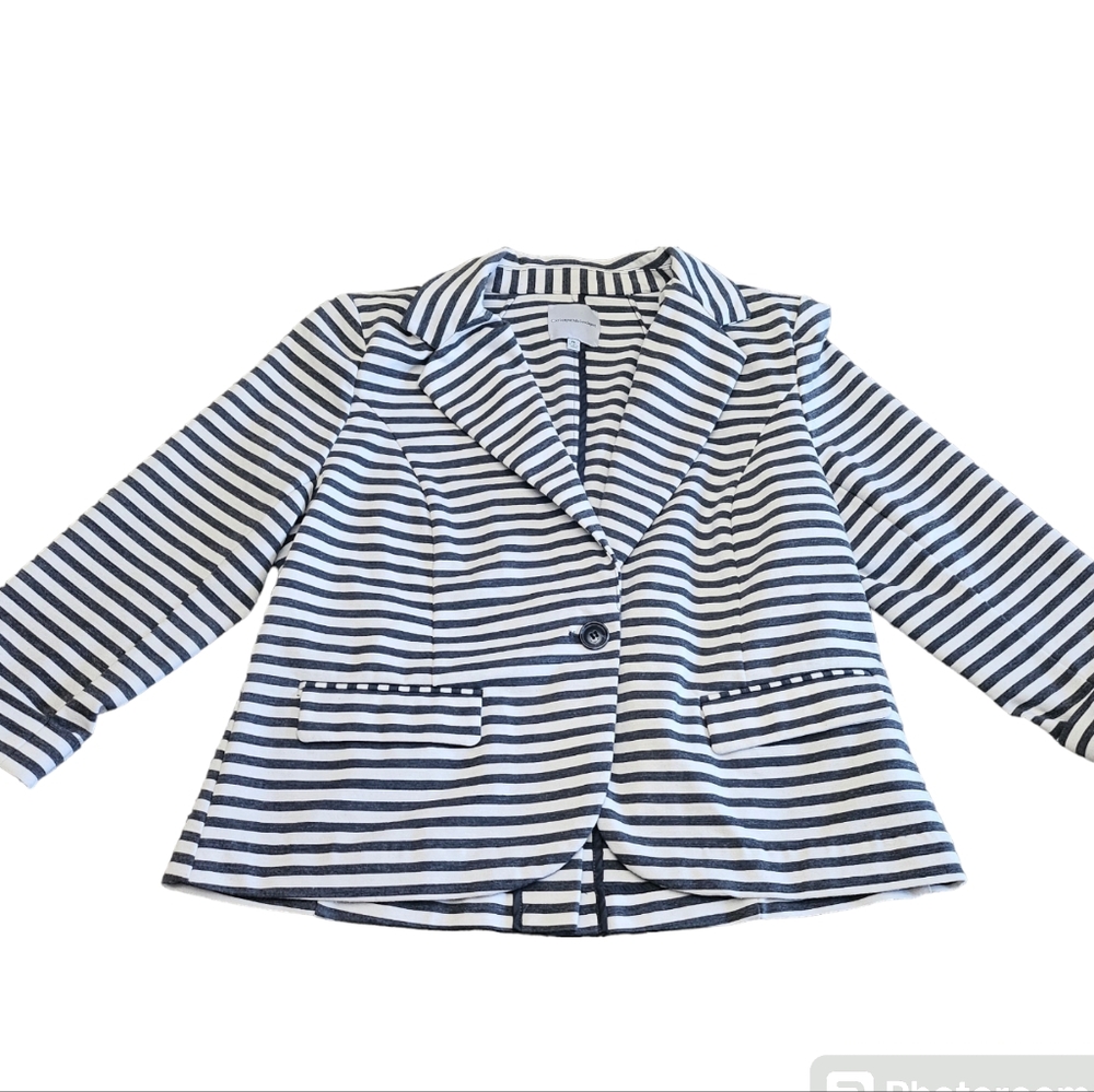Catherine Malandrino Striped Blazer Jacket Size XL Gray White 3/4 Sleeve